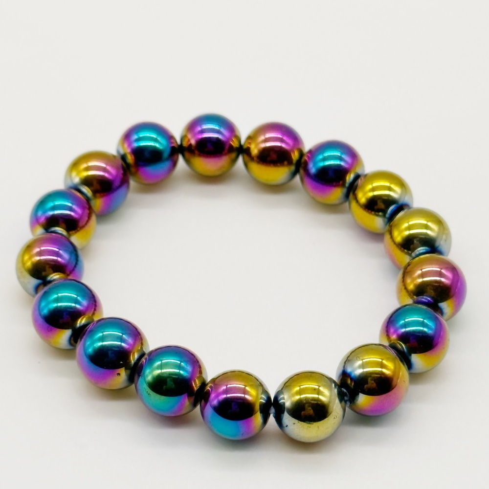 Rainbow Hematite Grounding Bracelet Natural Gemstone Bead Stretch 12mm - Picture 2 of 2